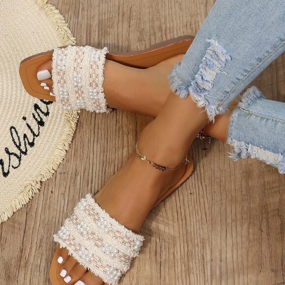 Women's Summer Beach Flat Cute Sandals 2025 Color Block Faux Pearls Decor Leathe - Picture 6 of 6